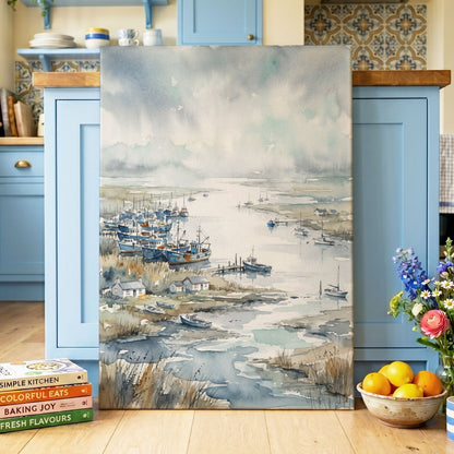 Harbour in the Quiet, blue, gray, white nature wall art displayed in a styled interior, gallery view 7