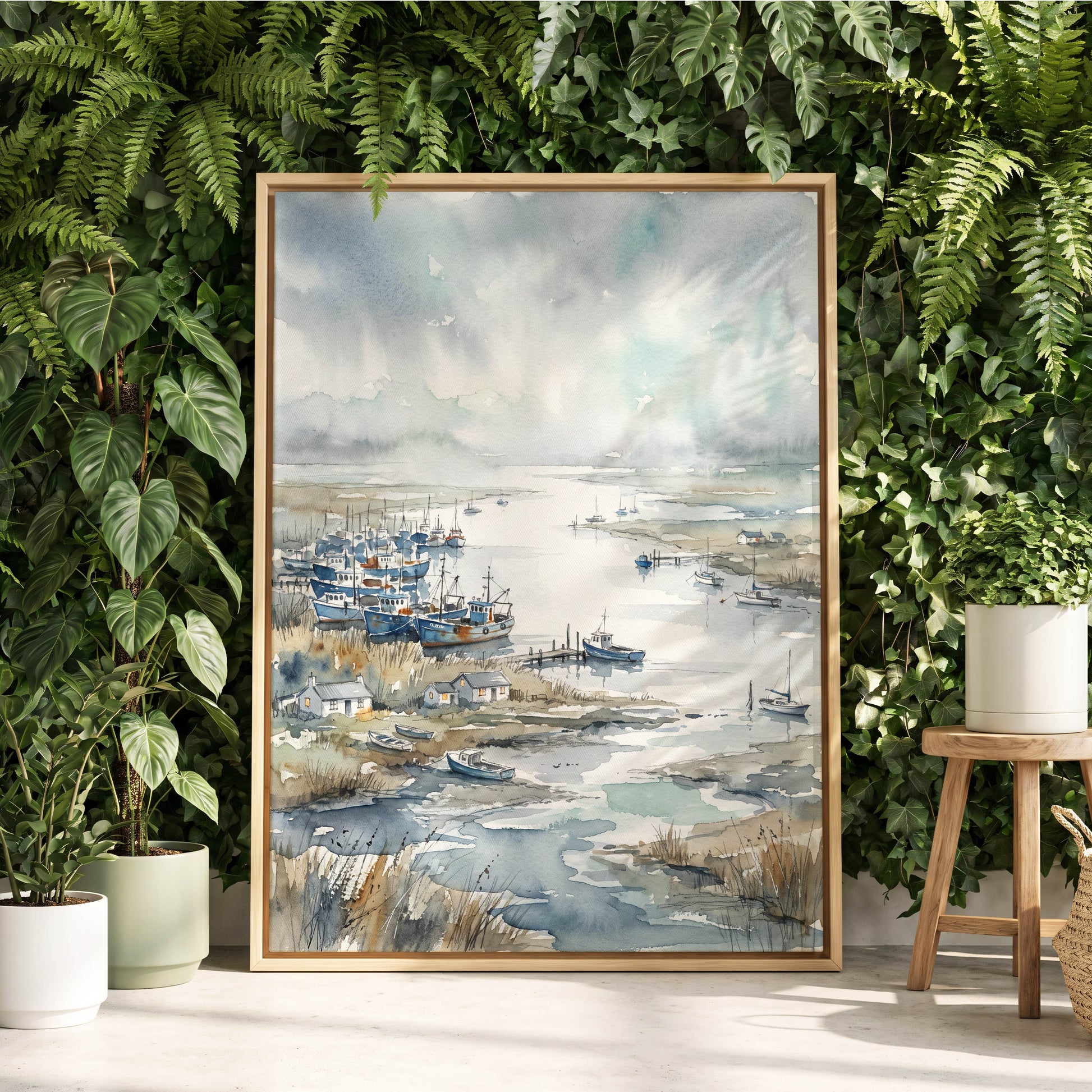 Harbour in the Quiet, blue, gray, white nature wall art displayed in a styled interior, gallery view 8
