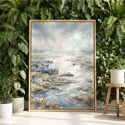 Harbour in the Quiet, blue, gray, white nature wall art displayed in a styled interior, gallery view 8