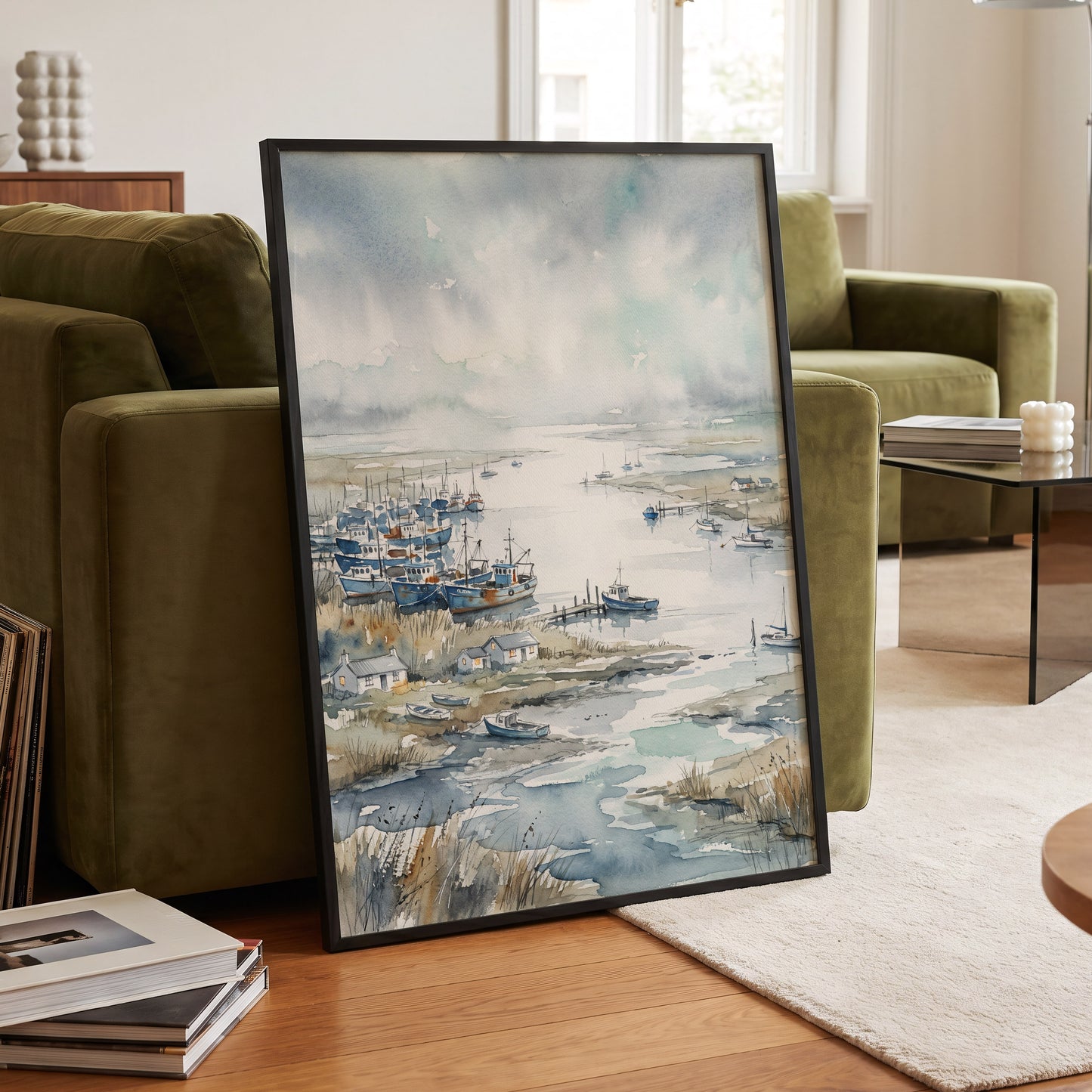 Harbour in the Quiet, blue, gray, white nature wall art displayed in a styled interior, gallery view 9