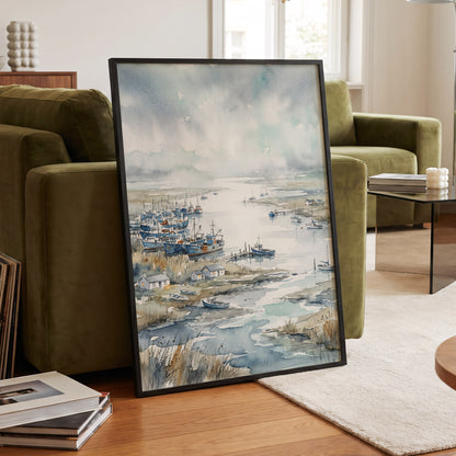 Harbour in the Quiet, blue, gray, white nature wall art displayed in a styled interior, gallery view 9