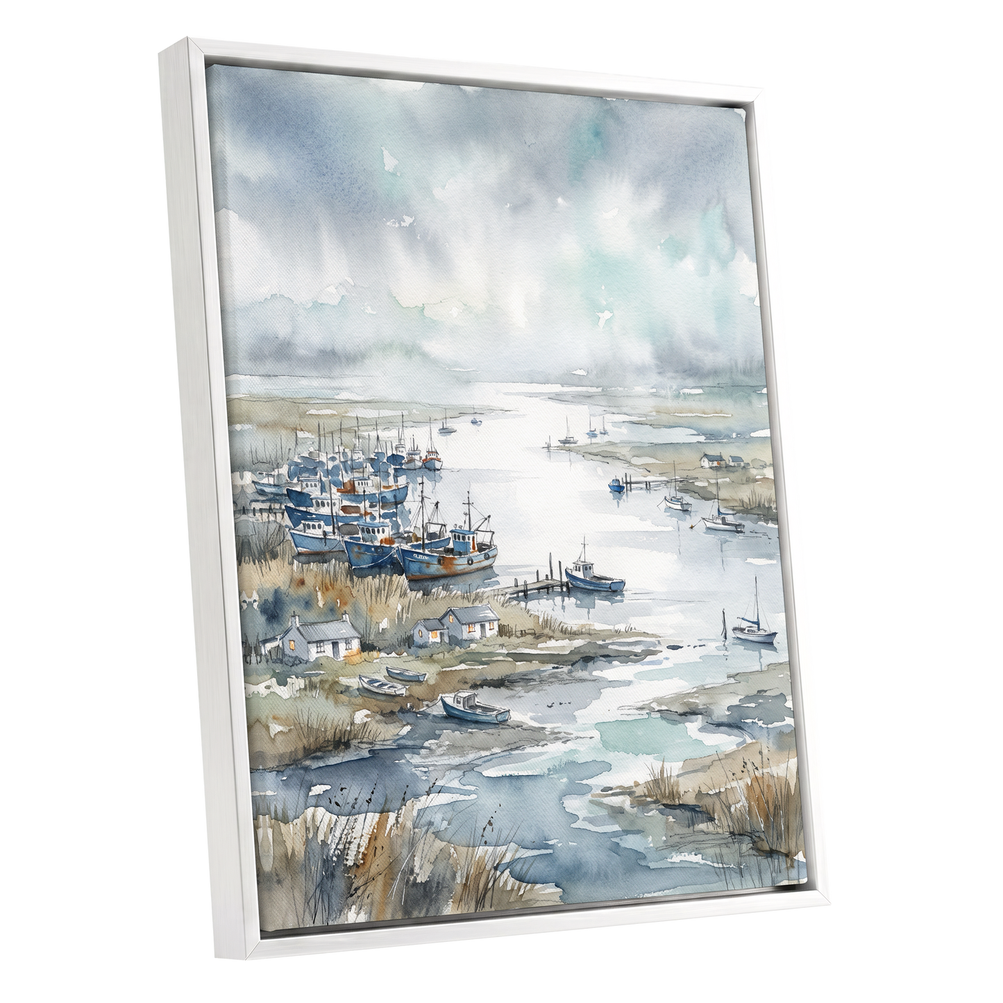 Harbour in the Quiet, blue, gray, white nature wall art shown as a white framed canvas wall art