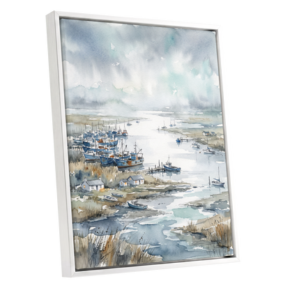 Harbour in the Quiet, blue, gray, white nature wall art shown as a white framed canvas wall art