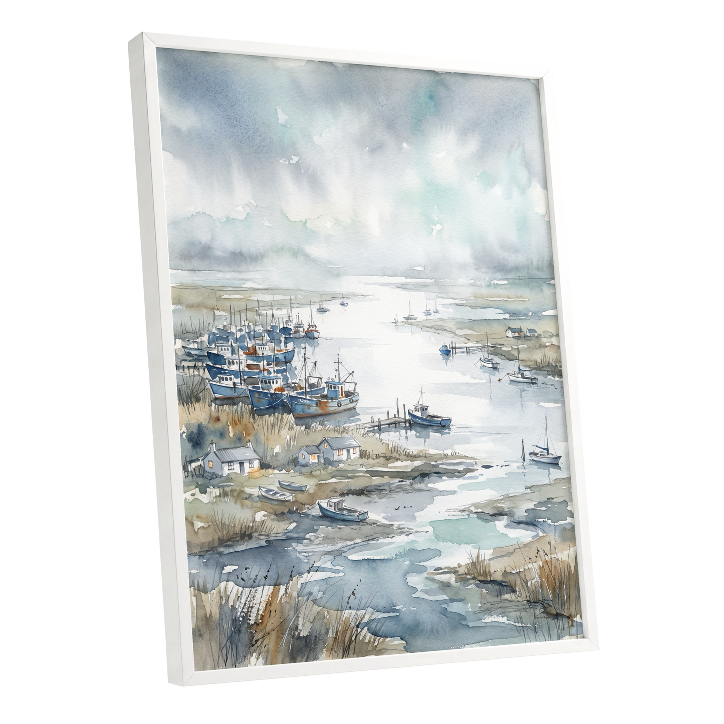 Harbour in the Quiet, blue, gray, white nature wall art shown as a white framed poster wall art print