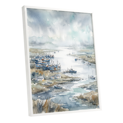 Harbour in the Quiet, blue, gray, white nature wall art shown as a white framed poster wall art print
