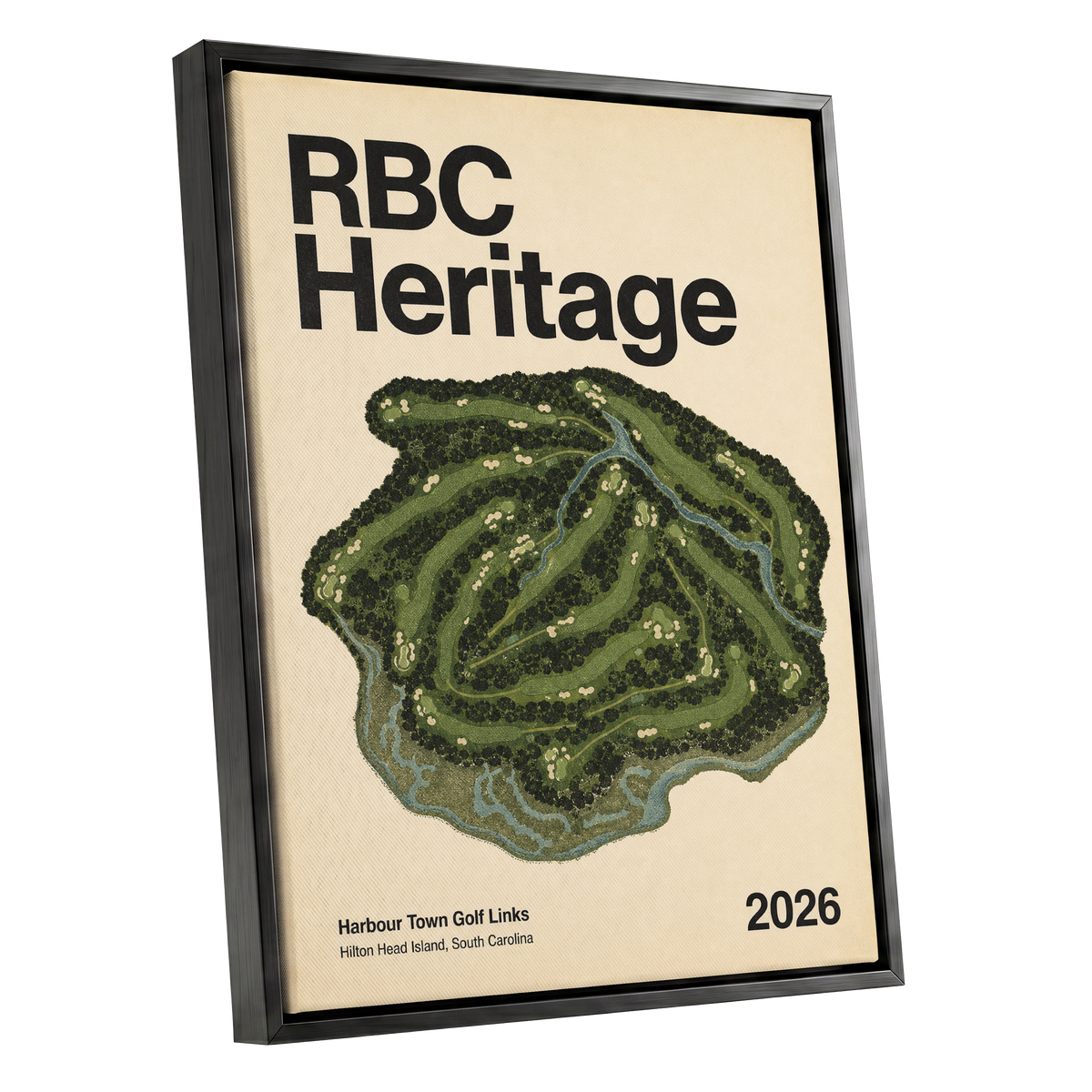 Harbour Links Heritage, green, beige, black nature wall art shown as a black framed canvas wall art