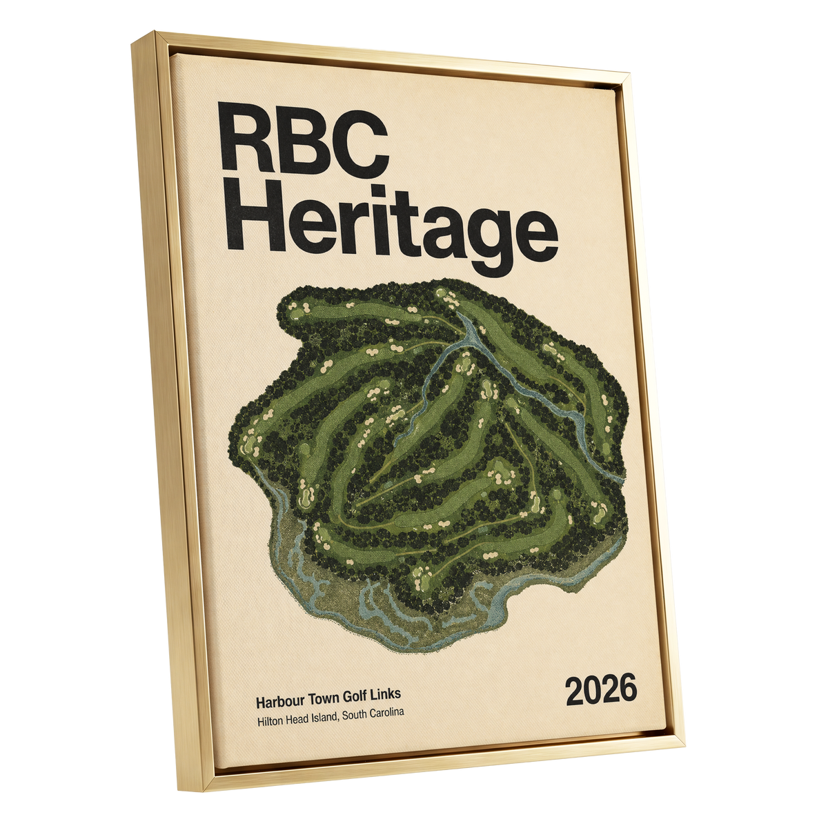 Harbour Links Heritage, green, beige, black nature wall art shown as a gold framed canvas wall art