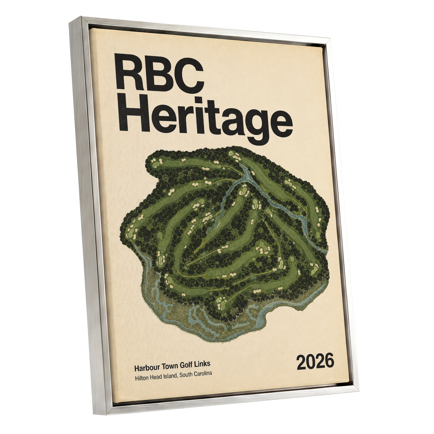 Harbour Links Heritage, green, beige, black nature wall art shown as a silver framed canvas wall art
