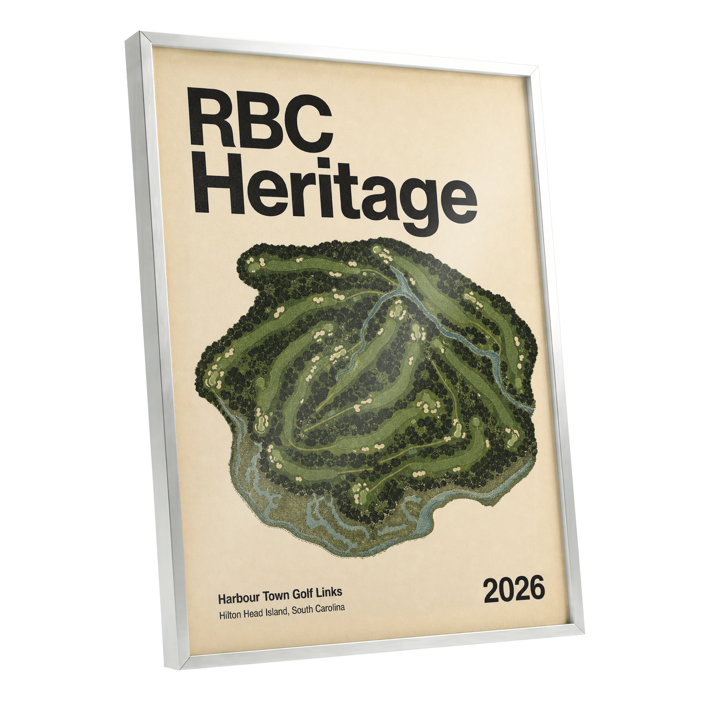 Harbour Links Heritage, green, beige, black nature wall art shown as a silver framed poster wall art print