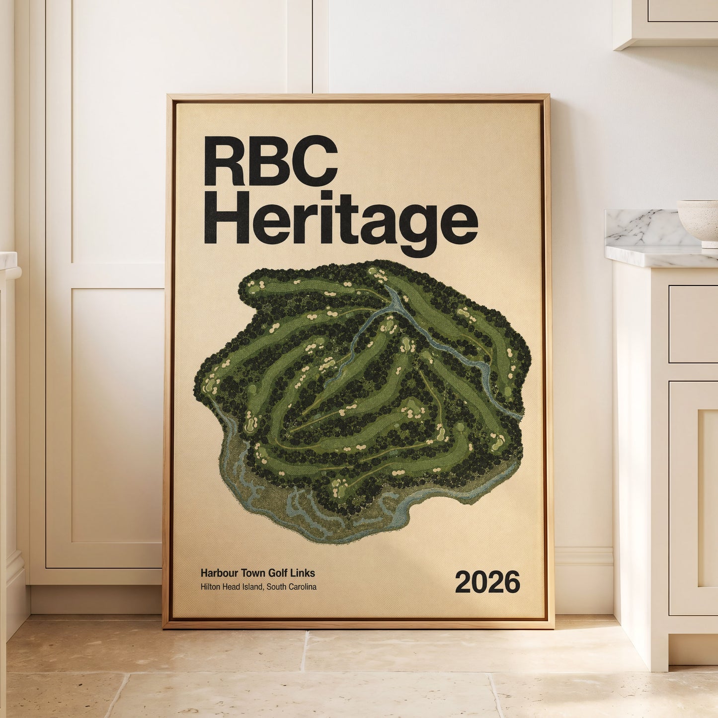 Harbour Links Heritage, green, beige, black nature wall art displayed in a styled interior, gallery view 1