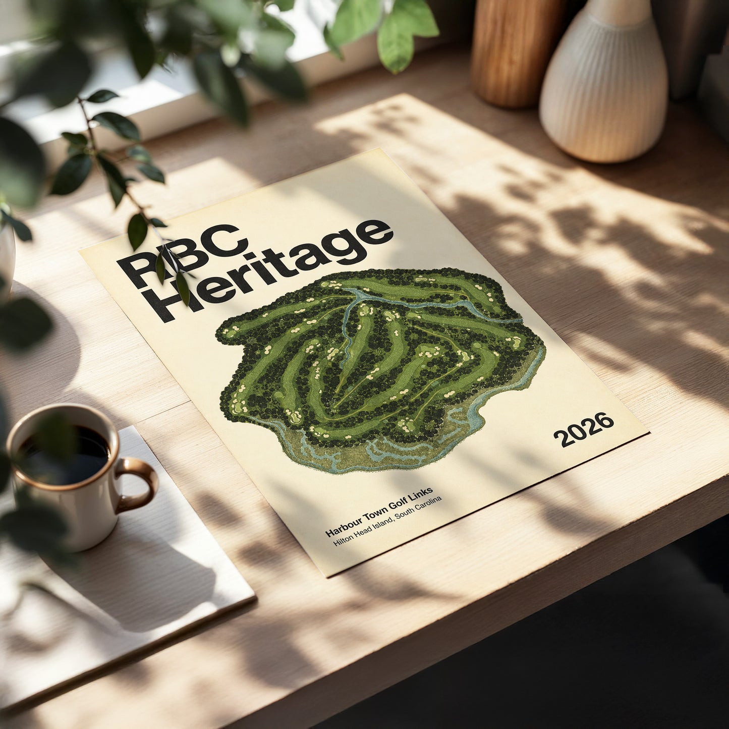 Harbour Links Heritage, green, beige, black nature wall art displayed in a styled interior, gallery view 2