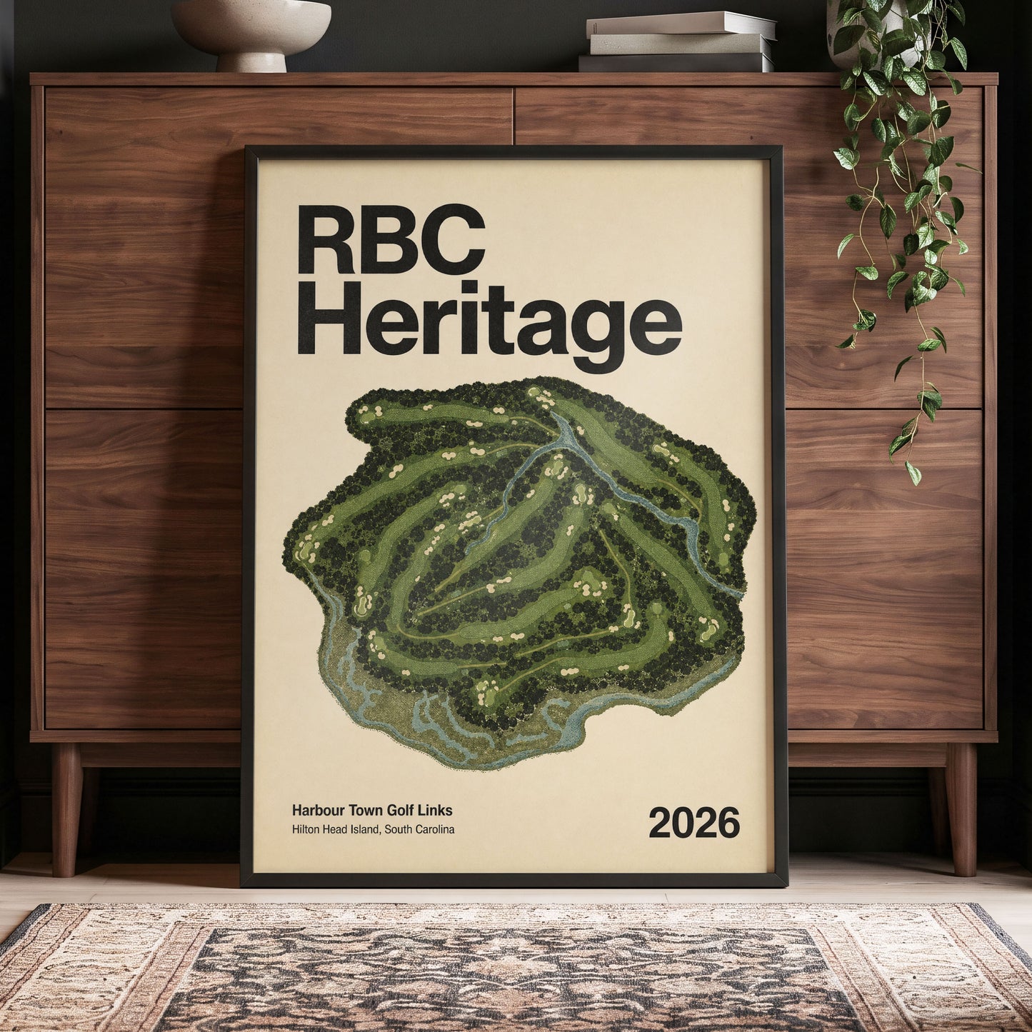 Harbour Links Heritage, green, beige, black nature wall art displayed in a styled interior, gallery view 4