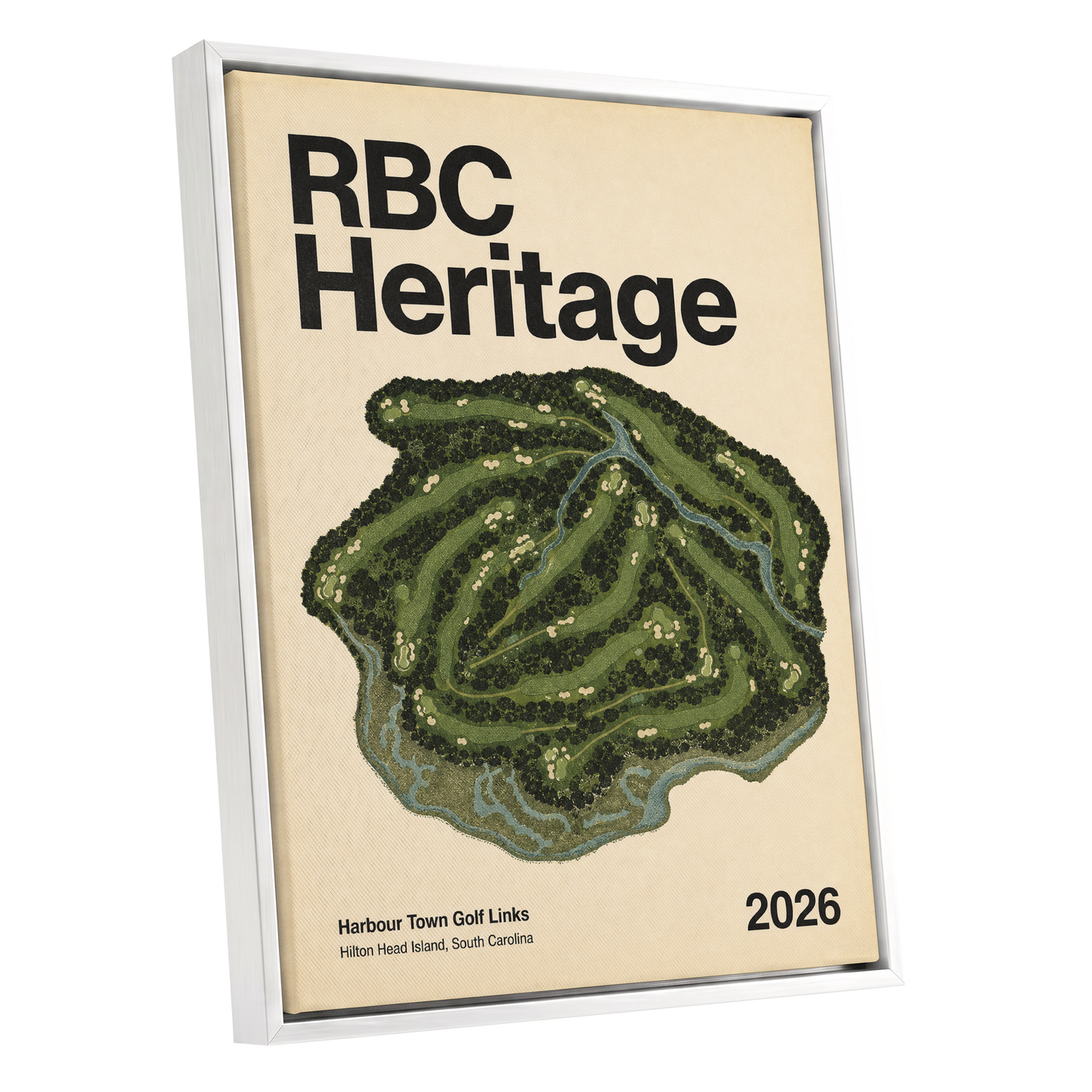 Harbour Links Heritage, green, beige, black nature wall art shown as a white framed canvas wall art