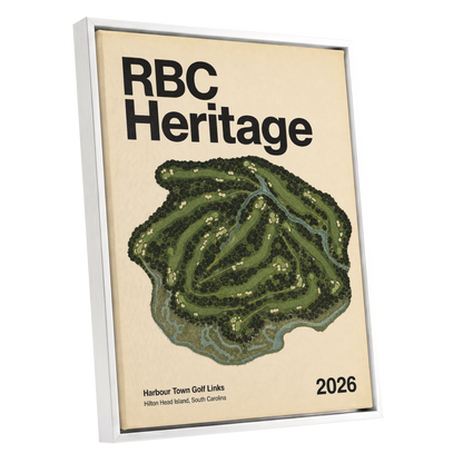 Harbour Links Heritage, green, beige, black nature wall art shown as a white framed canvas wall art