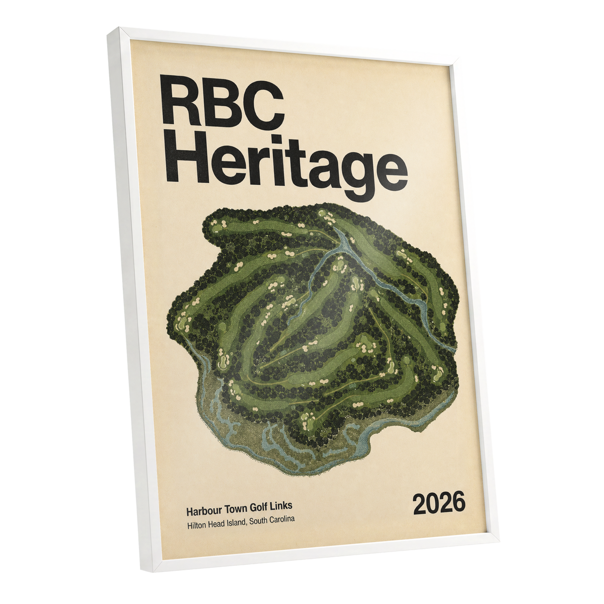Harbour Links Heritage, green, beige, black nature wall art shown as a white framed poster wall art print