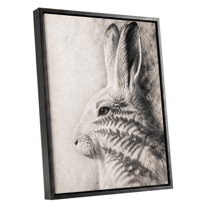 Hare in Hushed Light, white, gray, black nature wall art shown as a black framed canvas wall art