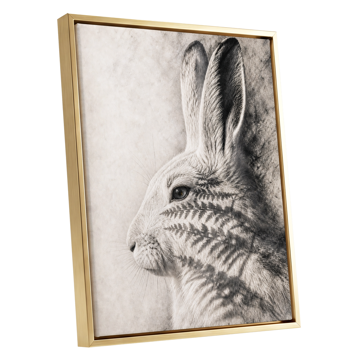 Hare in Hushed Light, white, gray, black nature wall art shown as a gold framed canvas wall art