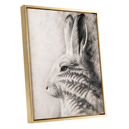 Hare in Hushed Light, white, gray, black nature wall art shown as a gold framed canvas wall art