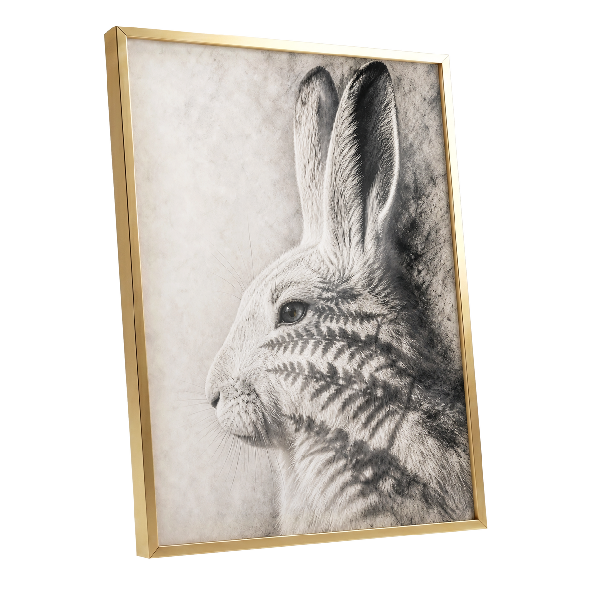 Hare in Hushed Light, white, gray, black nature wall art shown as a gold framed poster wall art print