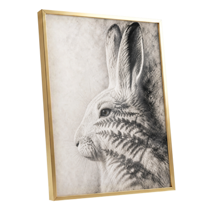 Hare in Hushed Light, white, gray, black nature wall art shown as a gold framed poster wall art print