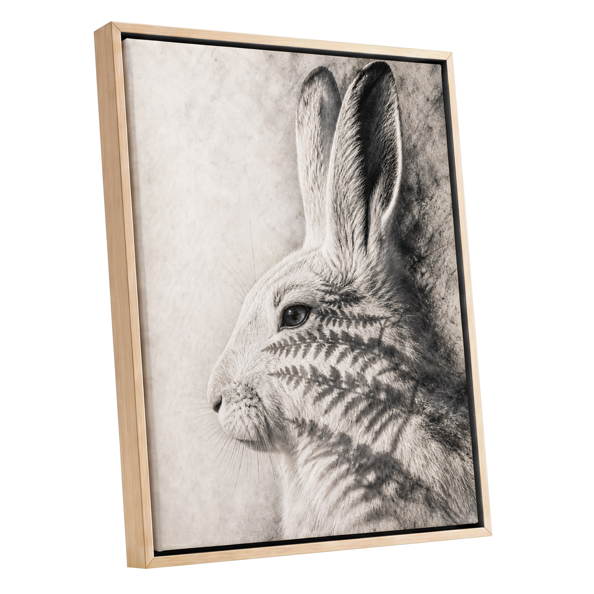 Hare in Hushed Light, white, gray, black nature wall art shown as a oak framed canvas wall art