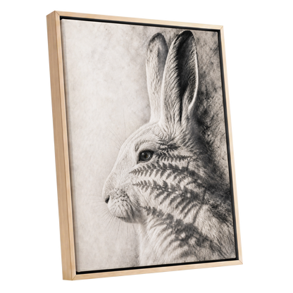 Hare in Hushed Light, white, gray, black nature wall art shown as a oak framed canvas wall art