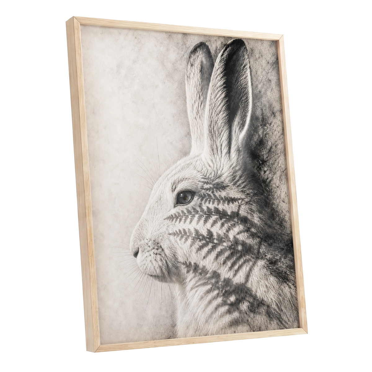 Hare in Hushed Light, white, gray, black nature wall art shown as a oak framed poster wall art print