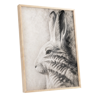 Hare in Hushed Light, white, gray, black nature wall art shown as a oak framed poster wall art print