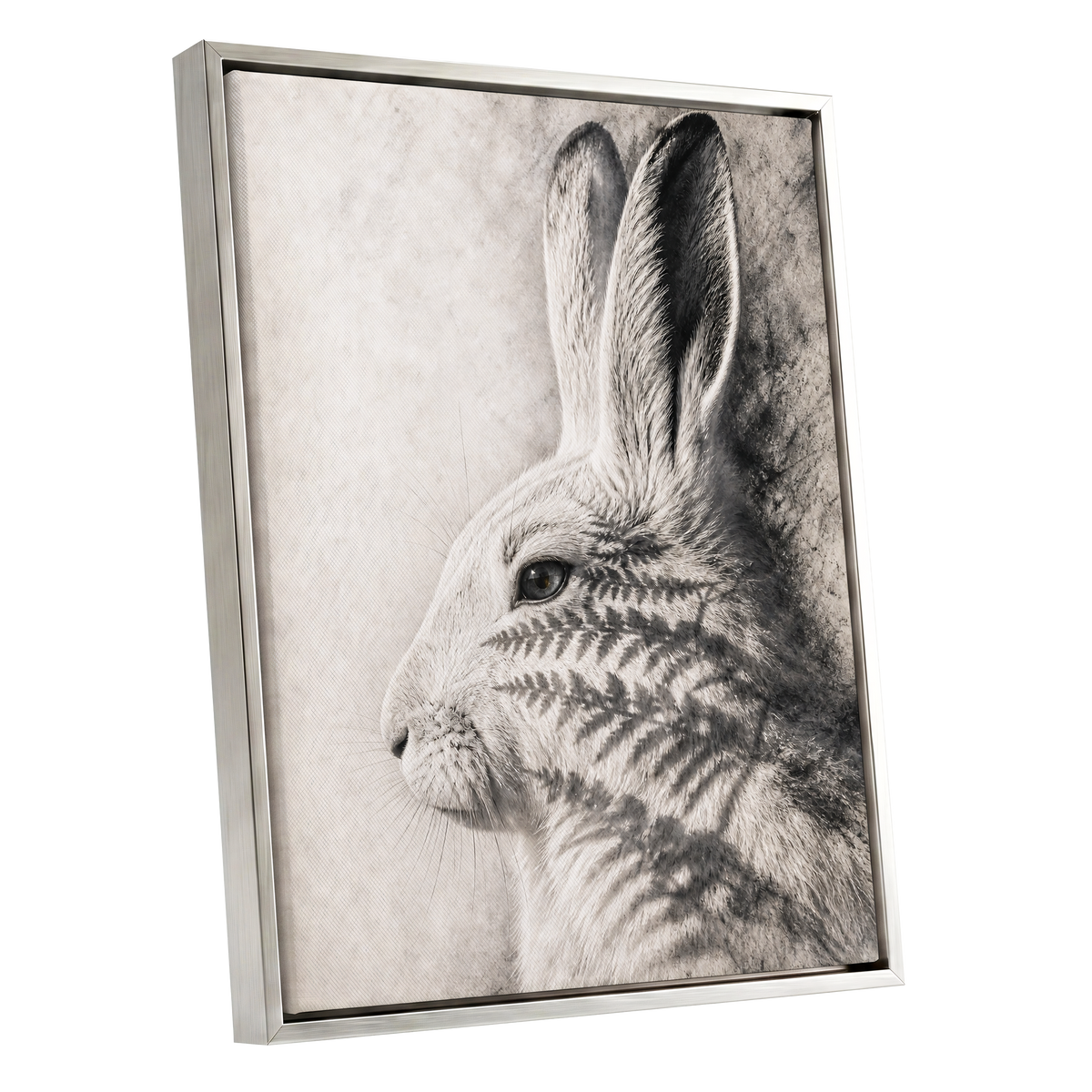 Hare in Hushed Light, white, gray, black nature wall art shown as a silver framed canvas wall art