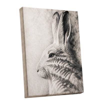 Hare in Hushed Light, white, gray, black nature wall art shown as a stretched canvas wall art