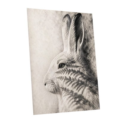 Hare in Hushed Light, white, gray, black nature wall art shown as a unframed poster wall art print