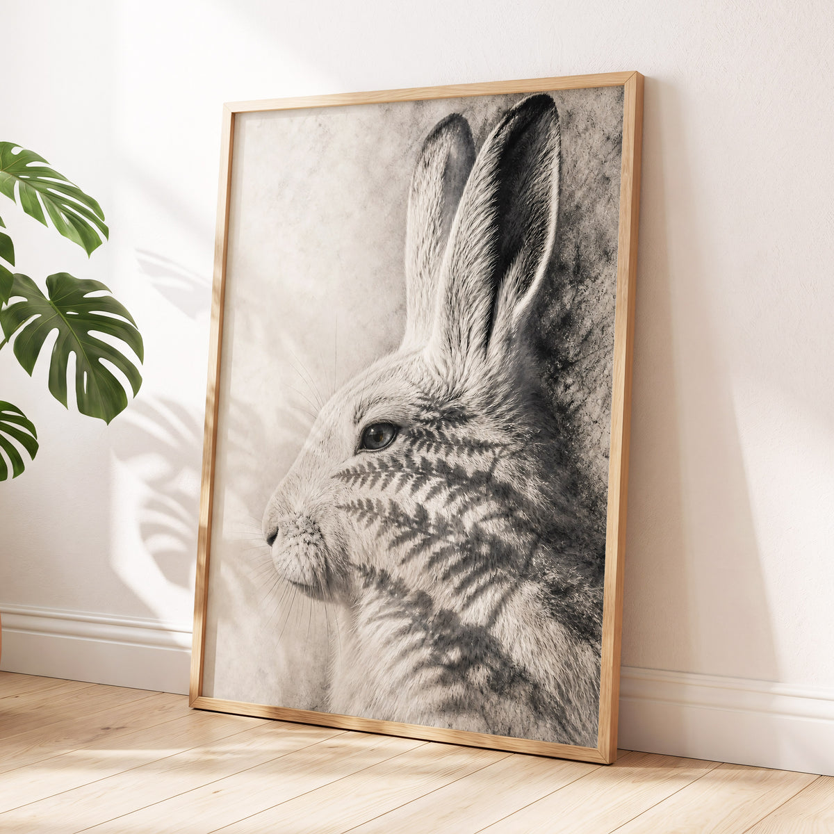 Hare in Hushed Light, white, gray, black nature wall art displayed in a styled interior, gallery view 2