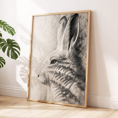 Hare in Hushed Light, white, gray, black nature wall art displayed in a styled interior, gallery view 2