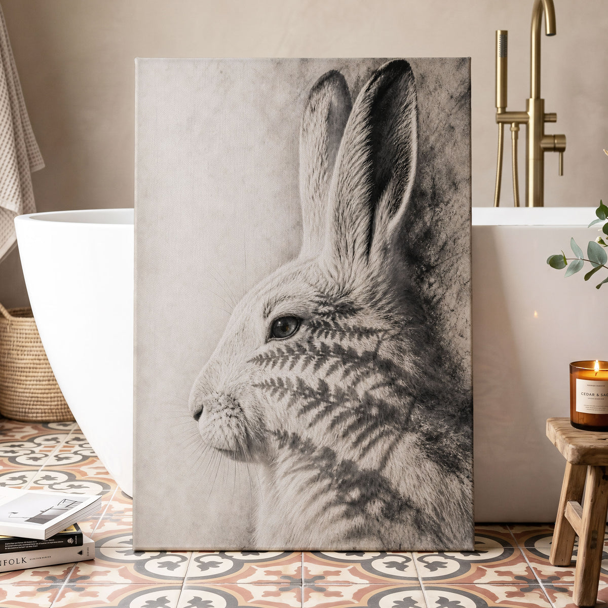 Hare in Hushed Light, white, gray, black nature wall art displayed in a styled interior, gallery view 3