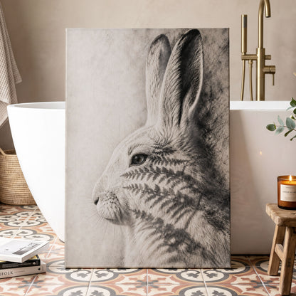 Hare in Hushed Light, white, gray, black nature wall art displayed in a styled interior, gallery view 3