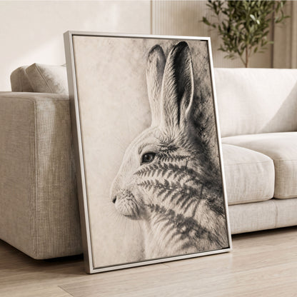 Hare in Hushed Light, white, gray, black nature wall art displayed in a styled interior, gallery view 4