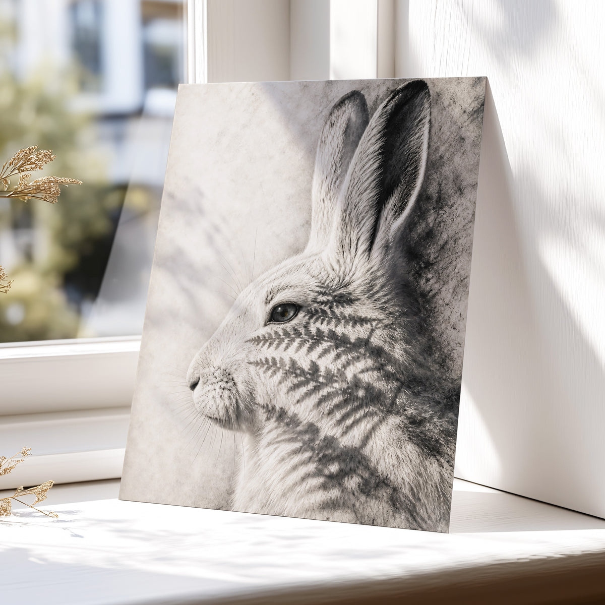 Hare in Hushed Light, white, gray, black nature wall art displayed in a styled interior, gallery view 5