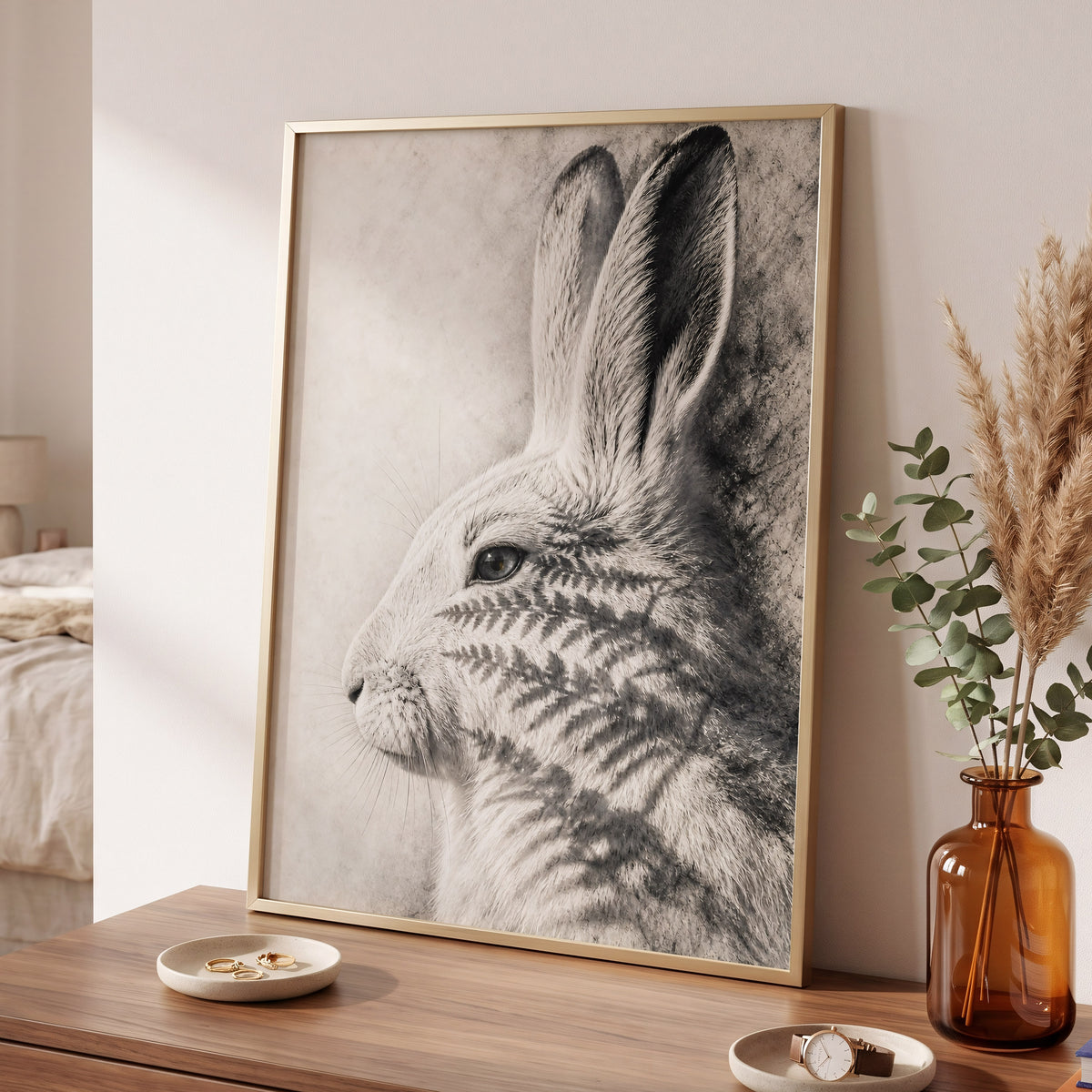 Hare in Hushed Light, white, gray, black nature wall art displayed in a styled interior, gallery view 6