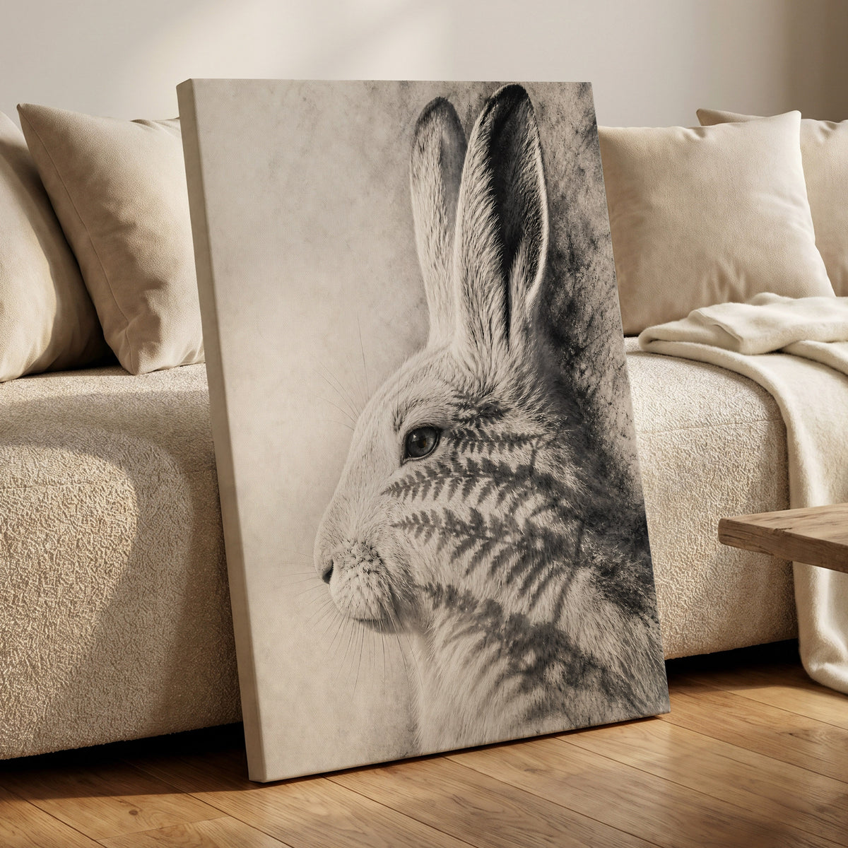 Hare in Hushed Light, white, gray, black nature wall art displayed in a styled interior, gallery view 7