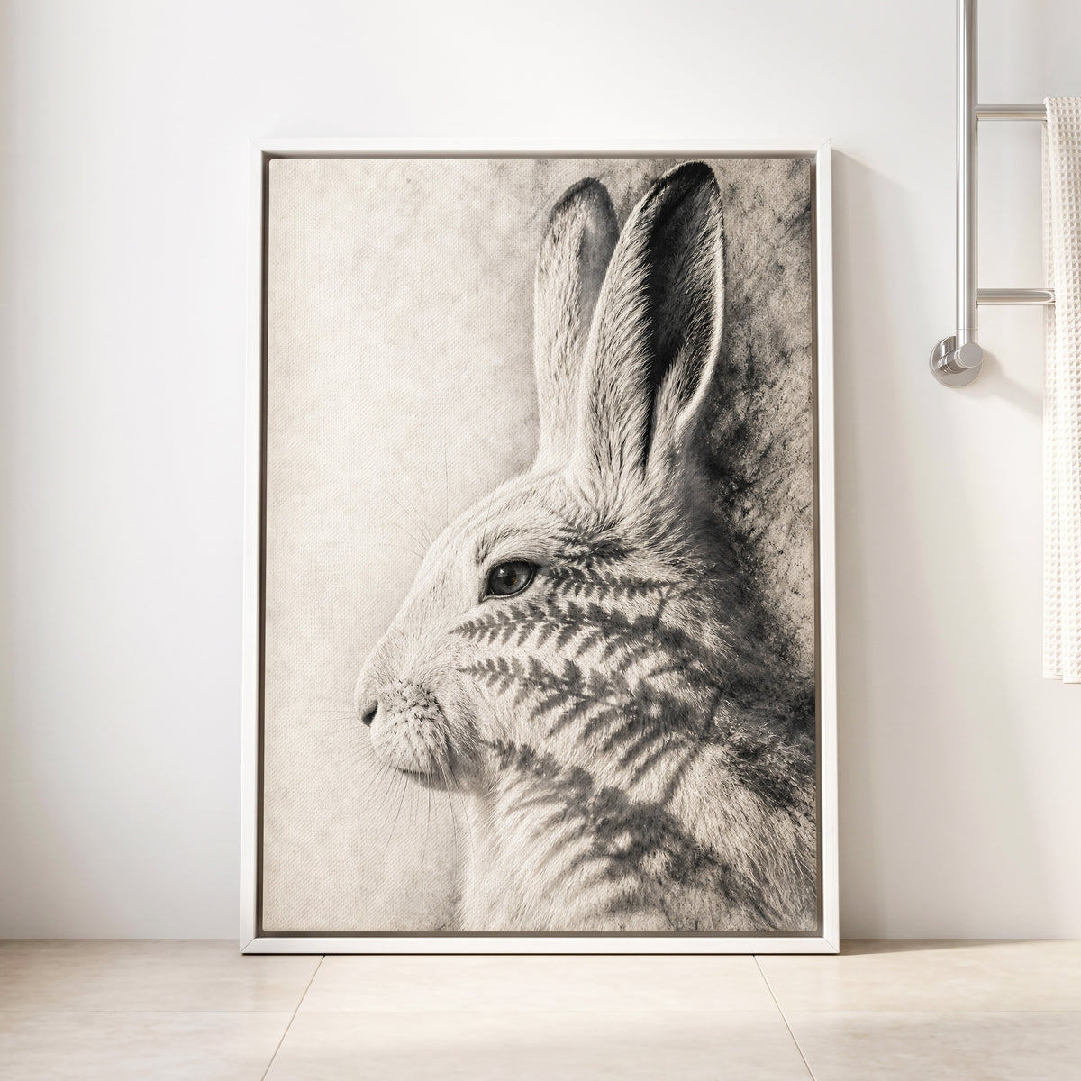 Hare in Hushed Light, white, gray, black nature wall art displayed in a styled interior, gallery view 8