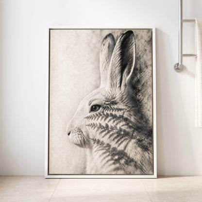 Hare in Hushed Light, white, gray, black nature wall art displayed in a styled interior, gallery view 8