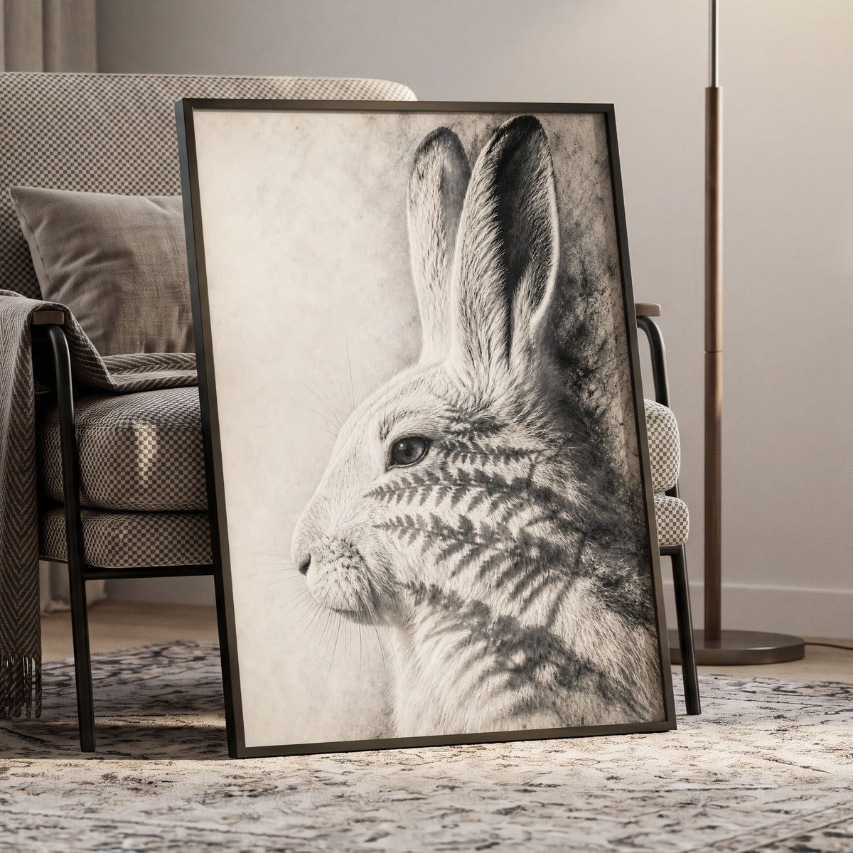 Hare in Hushed Light, white, gray, black nature wall art displayed in a styled interior, gallery view 9