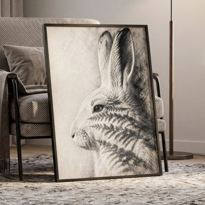 Hare in Hushed Light, white, gray, black nature wall art displayed in a styled interior, gallery view 9