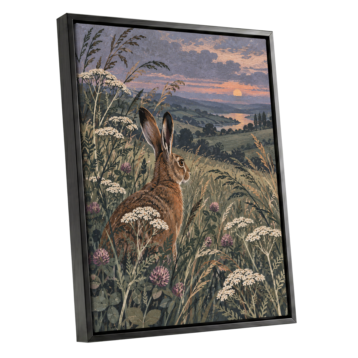 Hare in the Evening Meadow, green, brown, beige nature wall art shown as a black framed canvas wall art