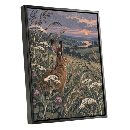 Hare in the Evening Meadow, green, brown, beige nature wall art shown as a black framed canvas wall art