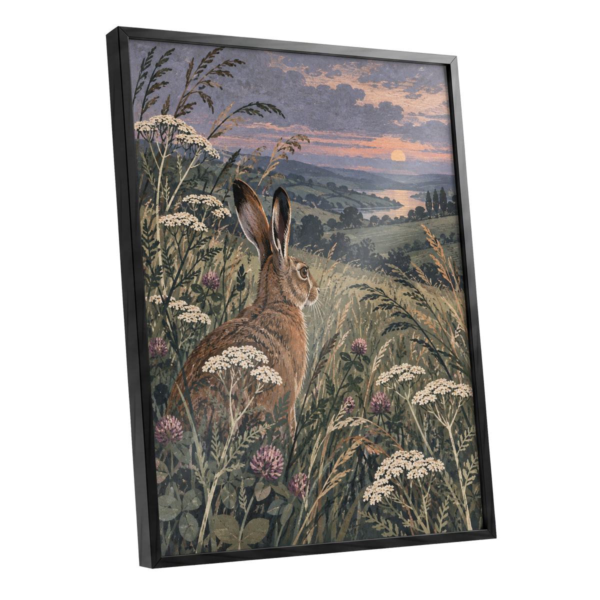 Hare in the Evening Meadow, green, brown, beige nature wall art shown as a black framed poster wall art print