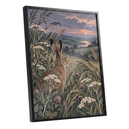 Hare in the Evening Meadow, green, brown, beige nature wall art shown as a black framed poster wall art print