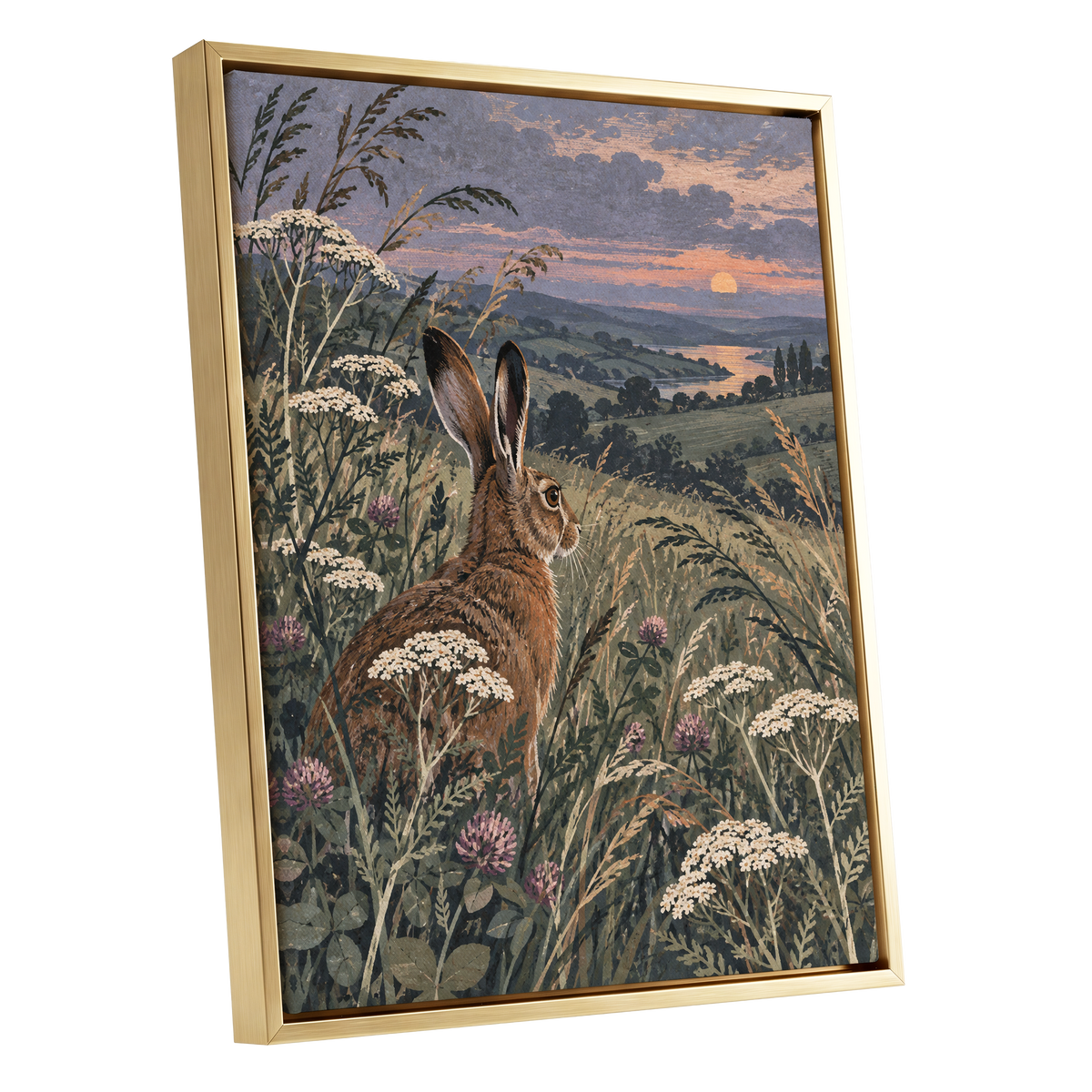 Hare in the Evening Meadow, green, brown, beige nature wall art shown as a gold framed canvas wall art