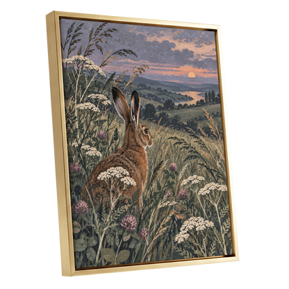 Hare in the Evening Meadow, green, brown, beige nature wall art shown as a gold framed canvas wall art