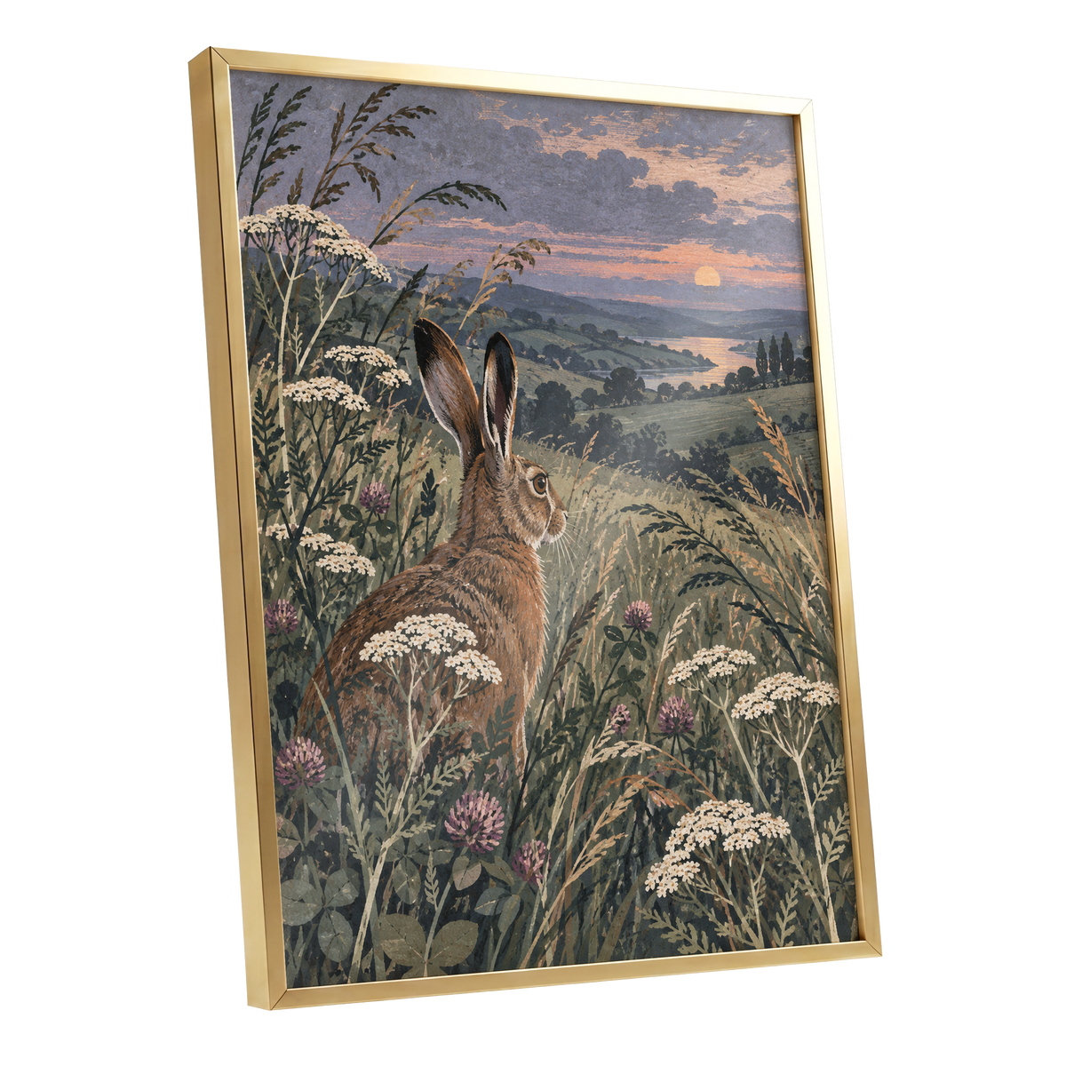 Hare in the Evening Meadow, green, brown, beige nature wall art shown as a gold framed poster wall art print